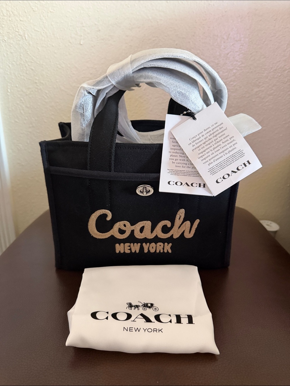Coach Black Canvas Tote with Gold Script Logo 26”